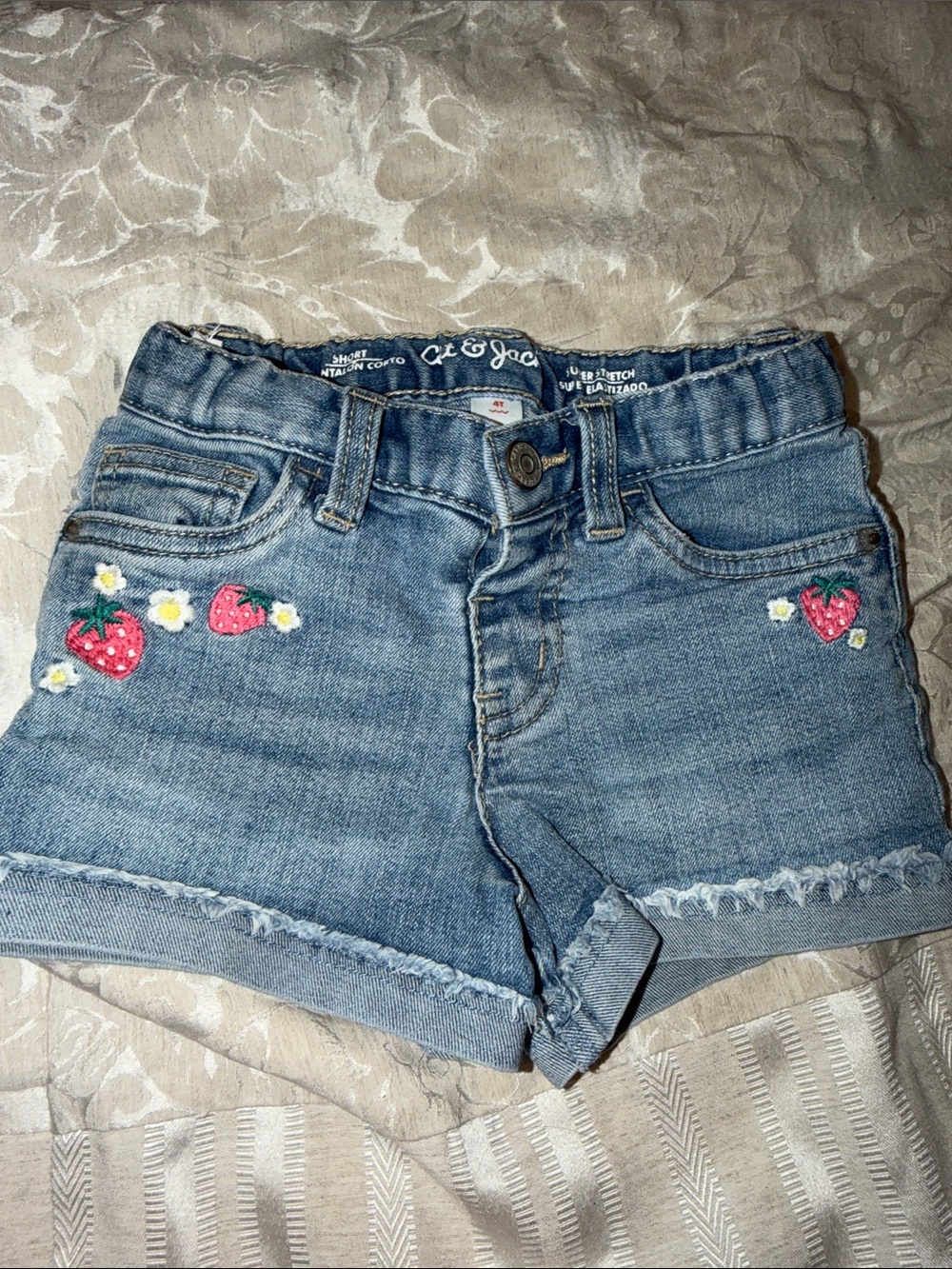 Cat & Jack Light Blue Denim Shorts with Strawberry Embroidery